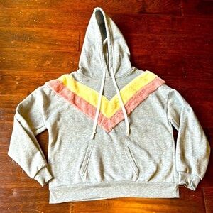 Love hooded sweater fuzzy details in pink and cream heather light grey colorway